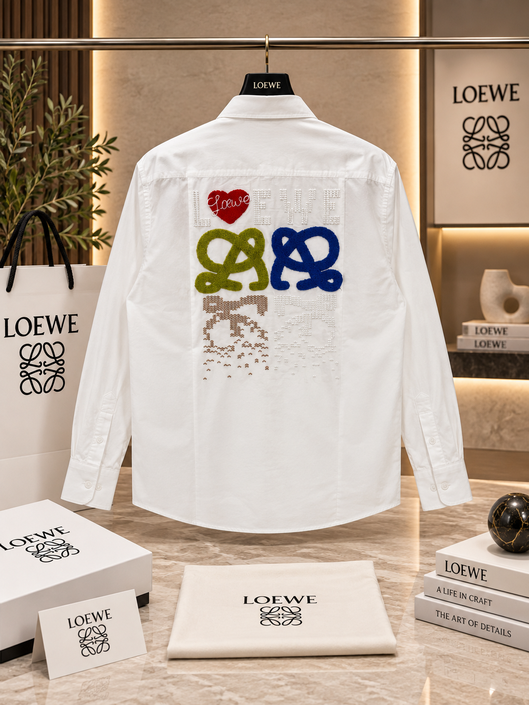 Men’s Heart Patch Long-Sleeve Cotton Shirt with Textured Embroidered Back