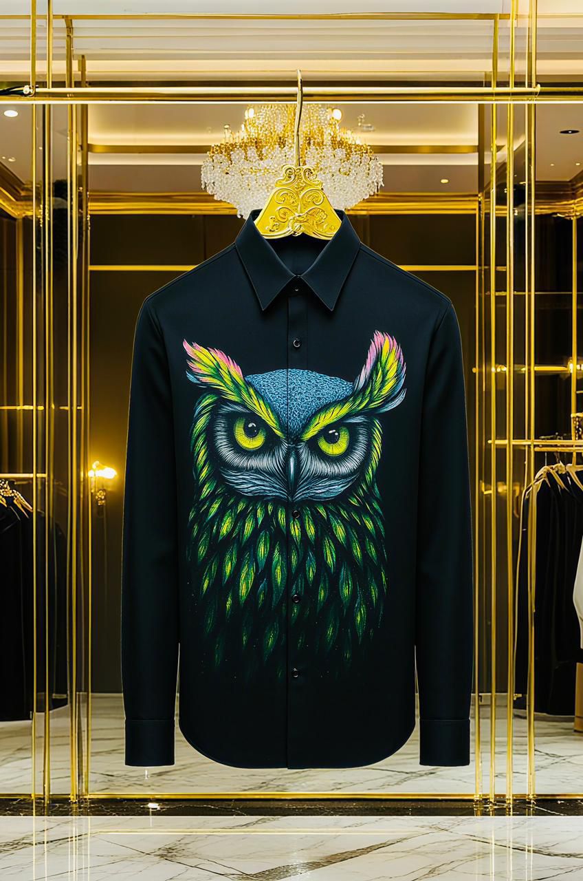 Men’s Slim Fit Cotton Satin Shirt with Stone Work & Owl Pattern