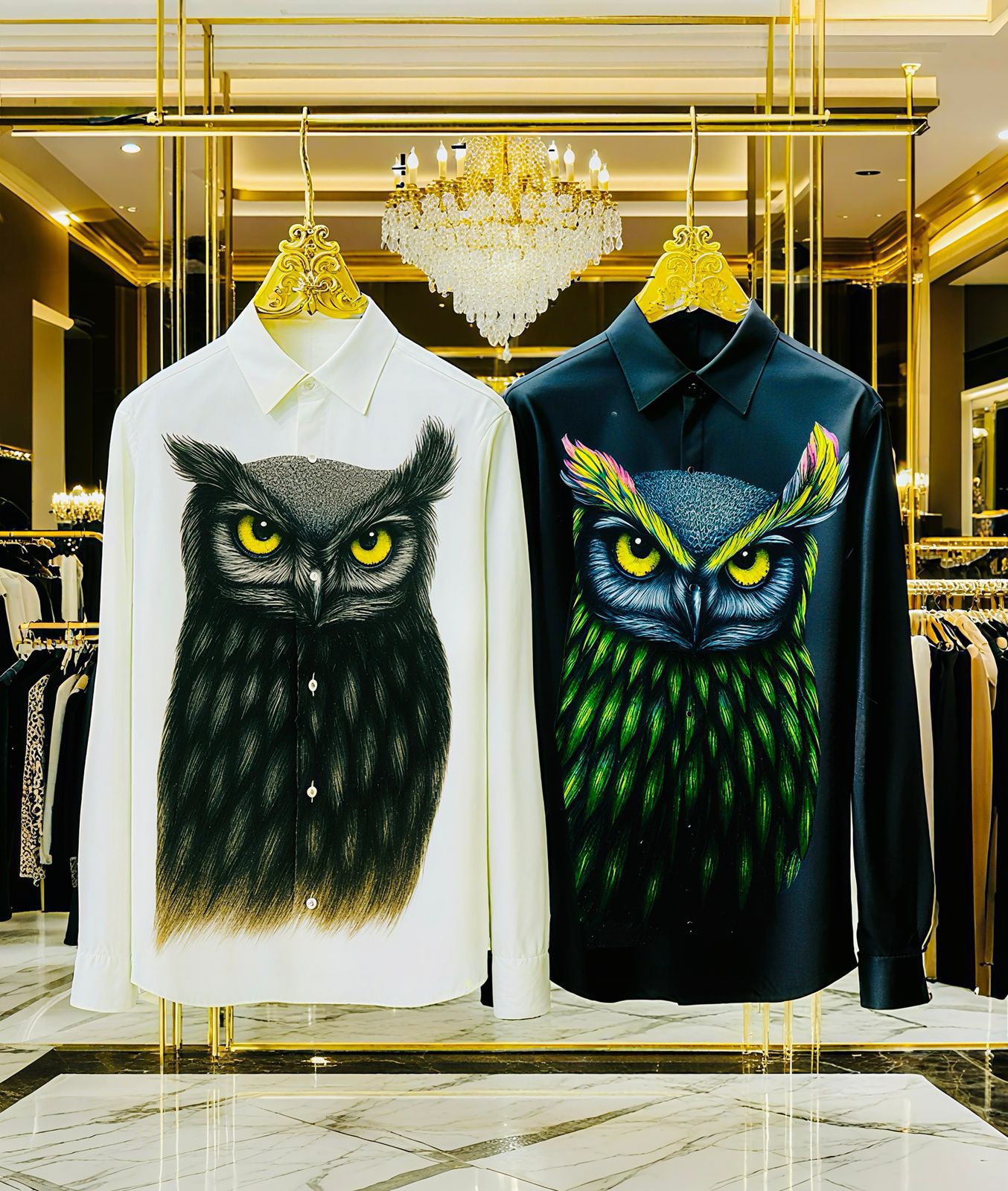 Men’s Slim Fit Cotton Satin Shirt with Stone Work & Owl Pattern