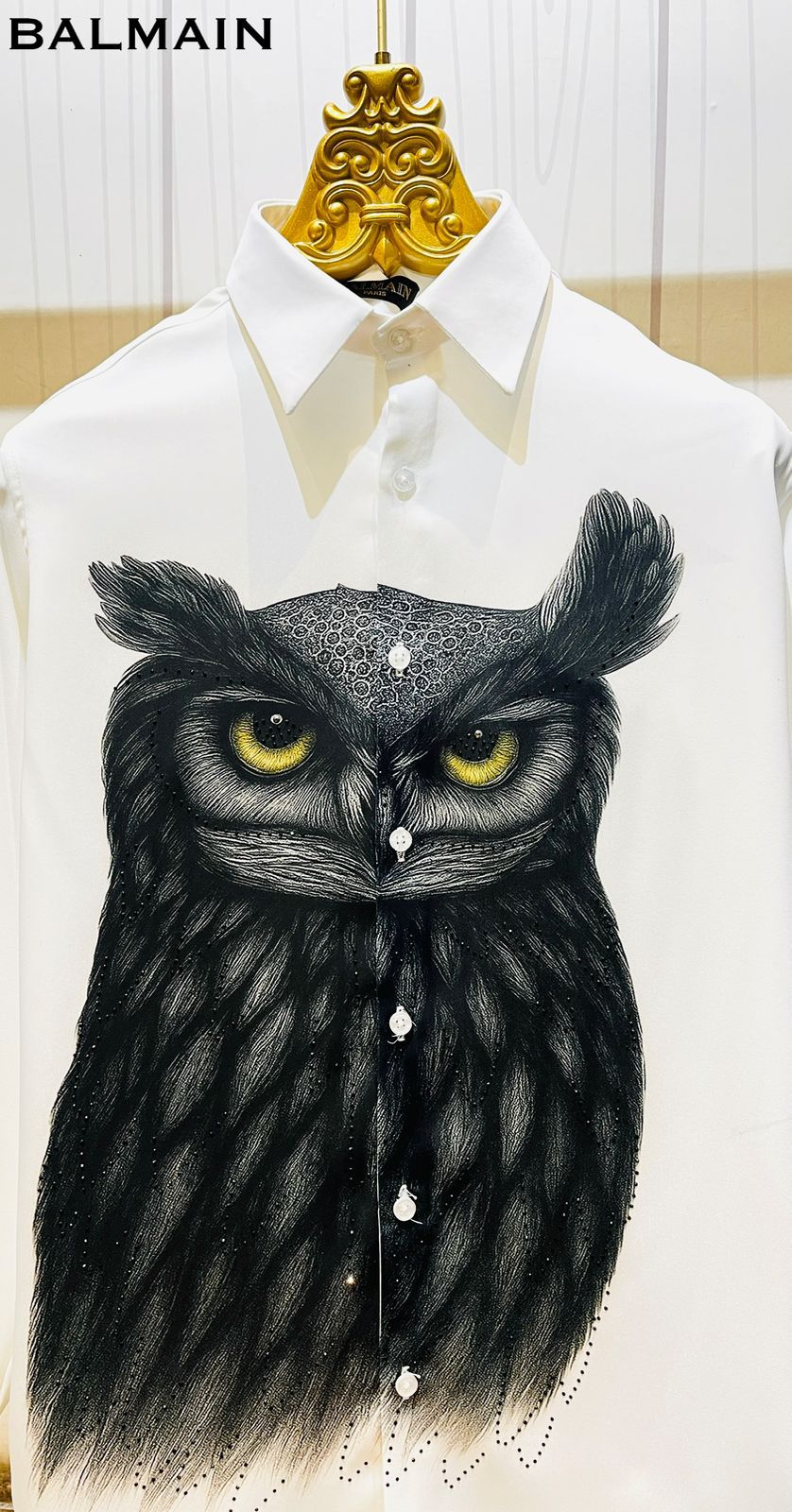 Men’s Slim Fit Cotton Satin Shirt with Stone Work & Owl Pattern