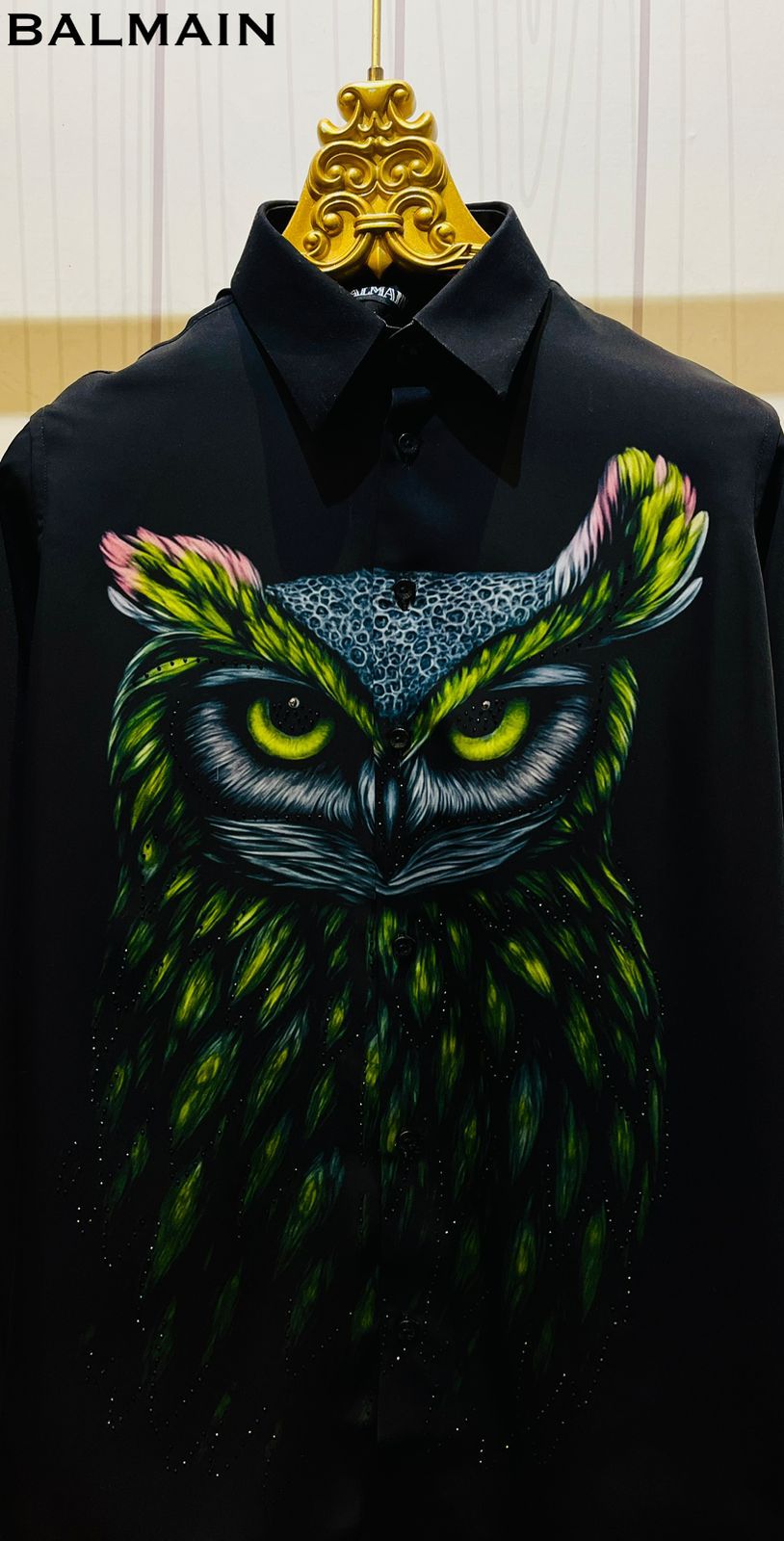 Men’s Slim Fit Cotton Satin Shirt with Stone Work & Owl Pattern