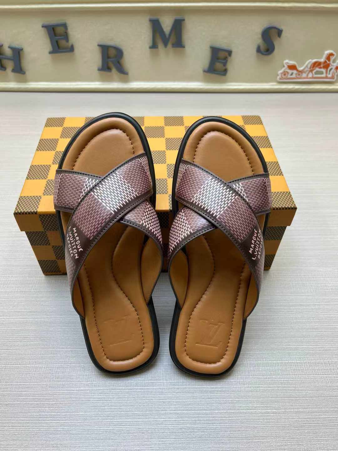 LV Venice Mule – Damier Lambskin Crossover Sandals (Prefall 2024 Collection)