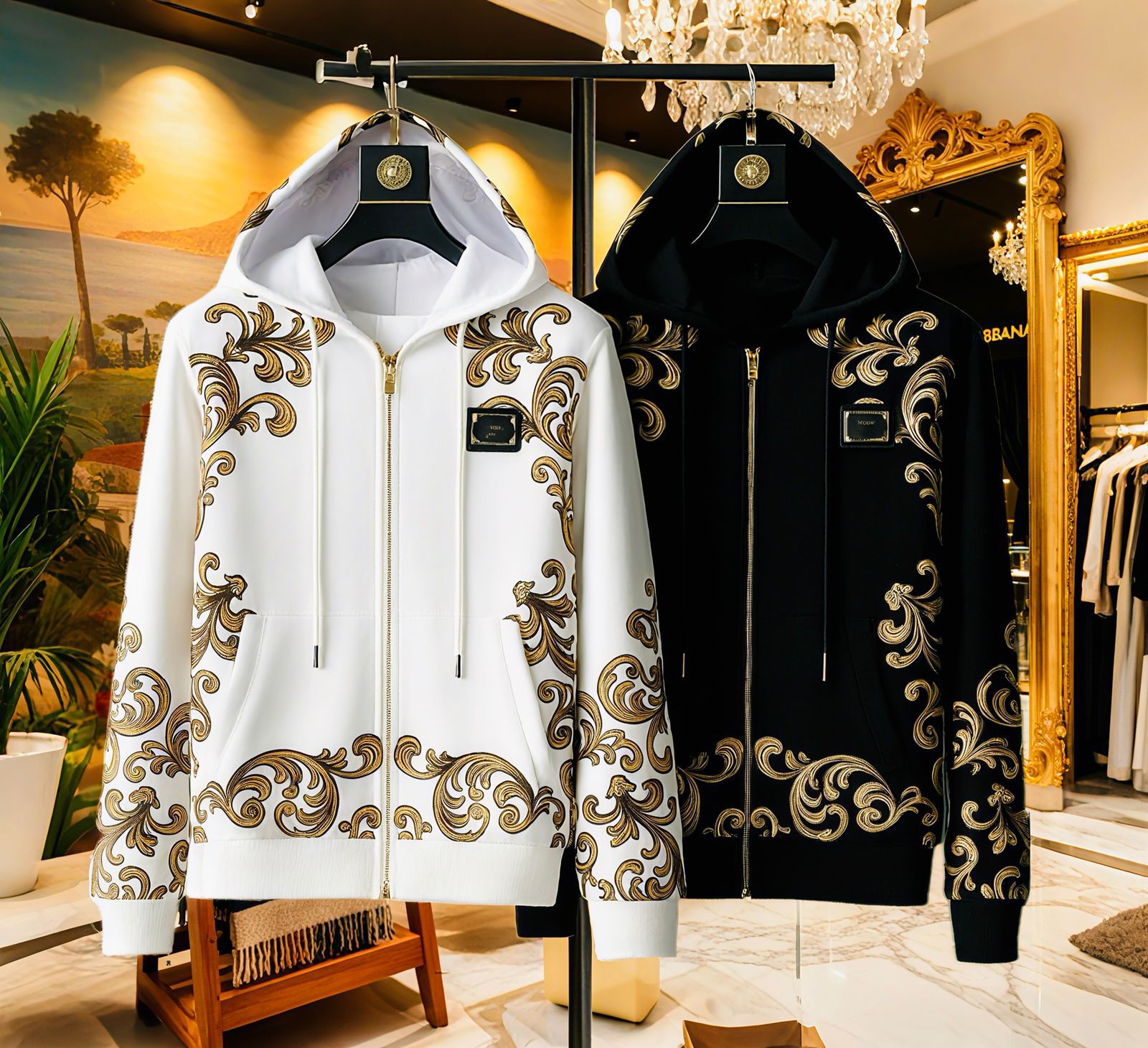 Baroque-Print Zip-Up Hoodie