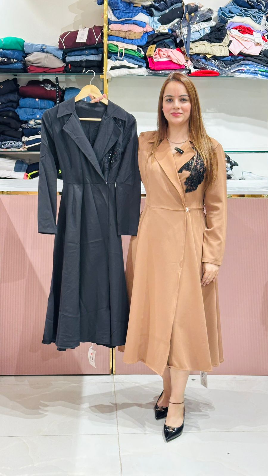 Caramel Wool Greatcoat with Delicate Hand Appliqué Black Lace