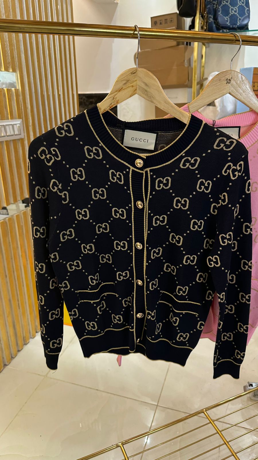 Wool all-over logo print single-breasted long sleeve knit cardigan