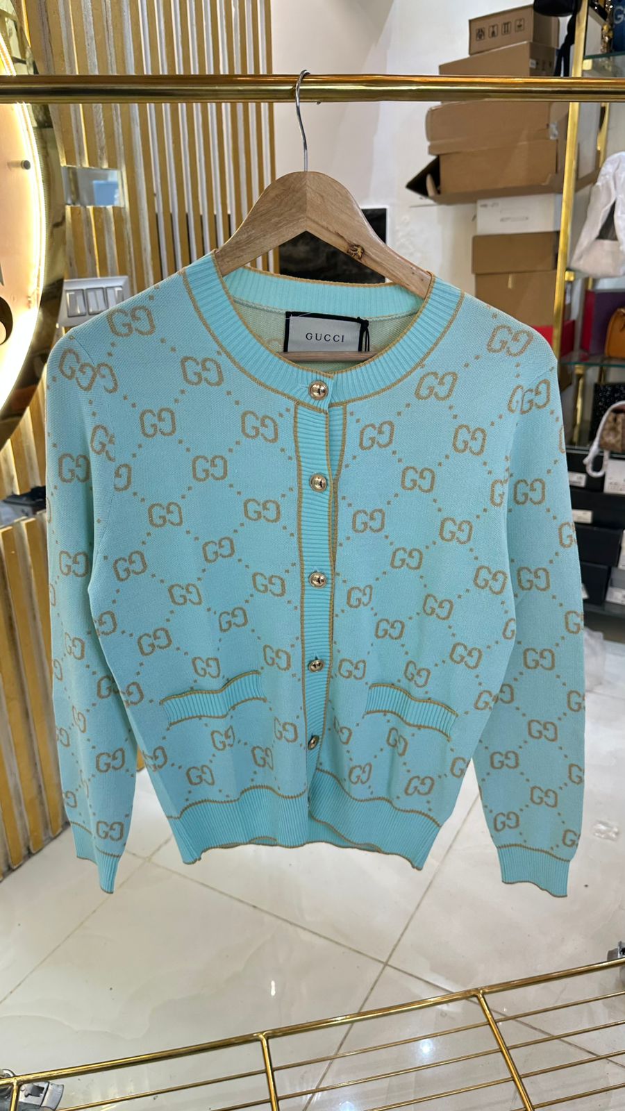 Wool all-over logo print single-breasted long sleeve knit cardigan