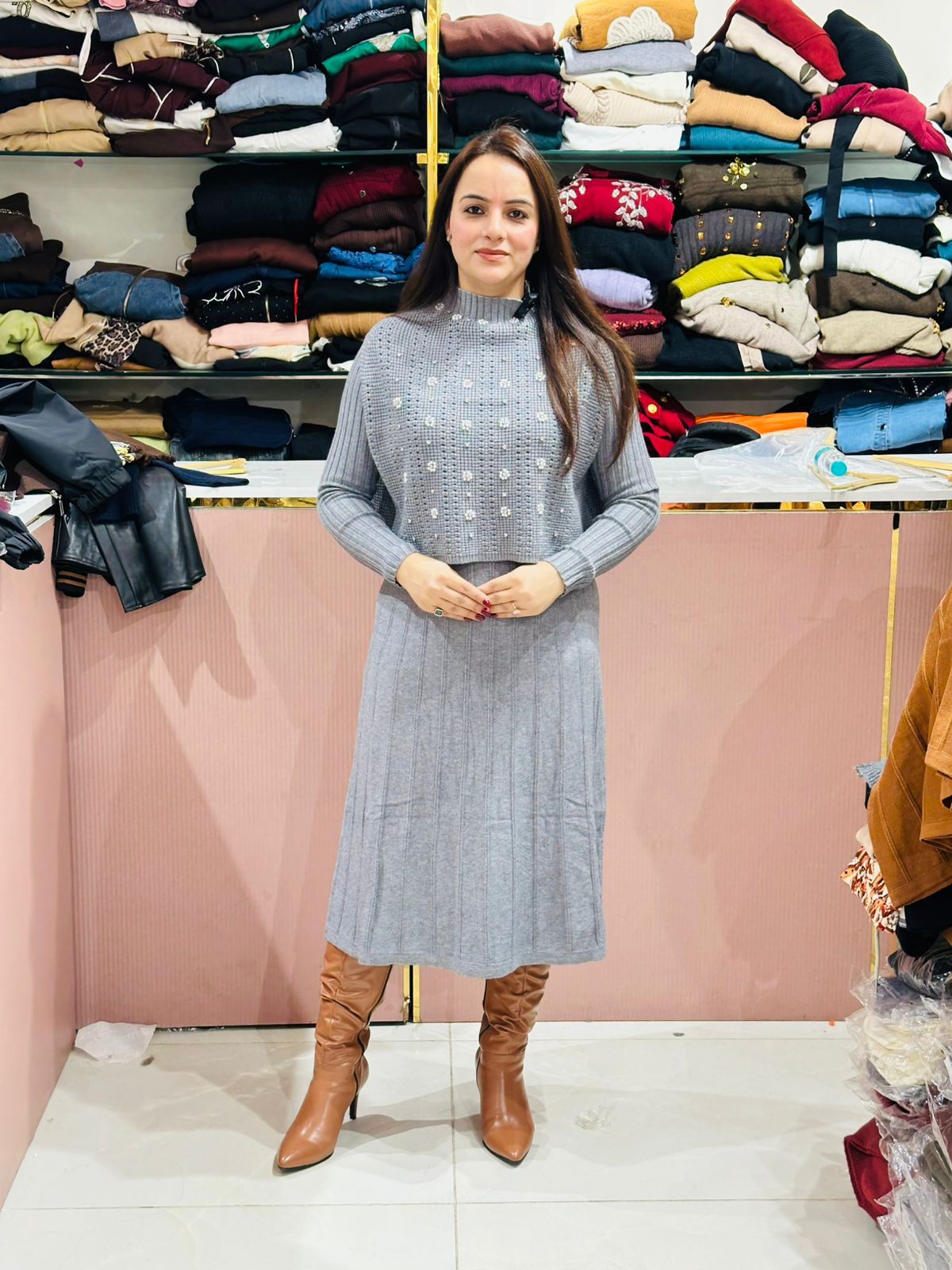 Knitted 2-Piece Dress with Pearl Detailing on Shrug