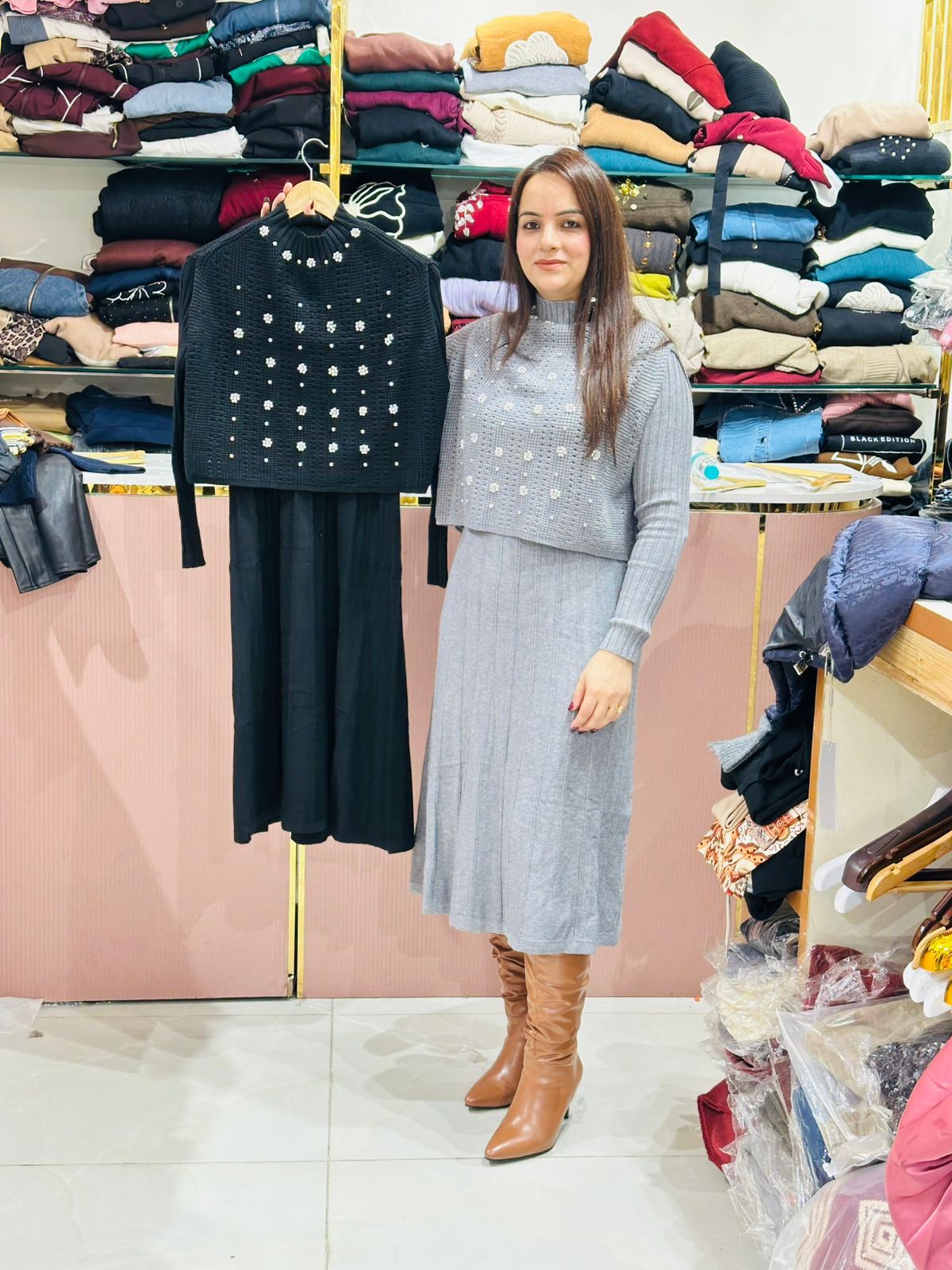 Knitted 2-Piece Dress with Pearl Detailing on Shrug