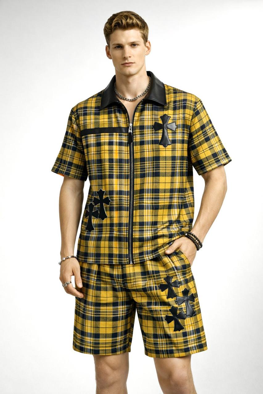 Luxury Plaid Patchwork Zipper Cord Set