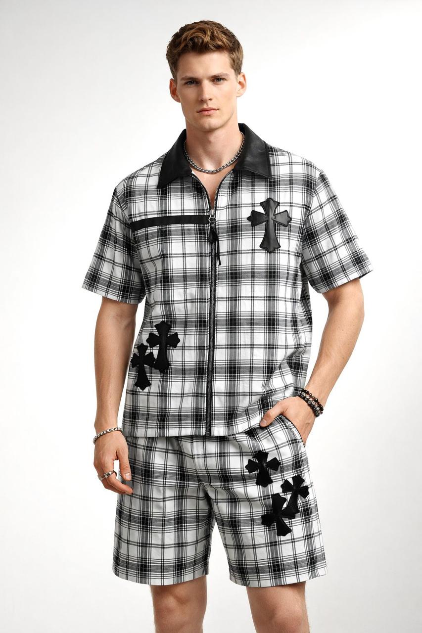 Luxury Plaid Patchwork Zipper Cord Set