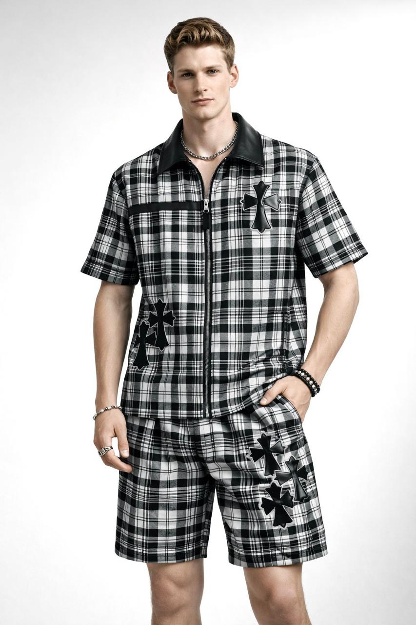 Luxury Plaid Patchwork Zipper Cord Set