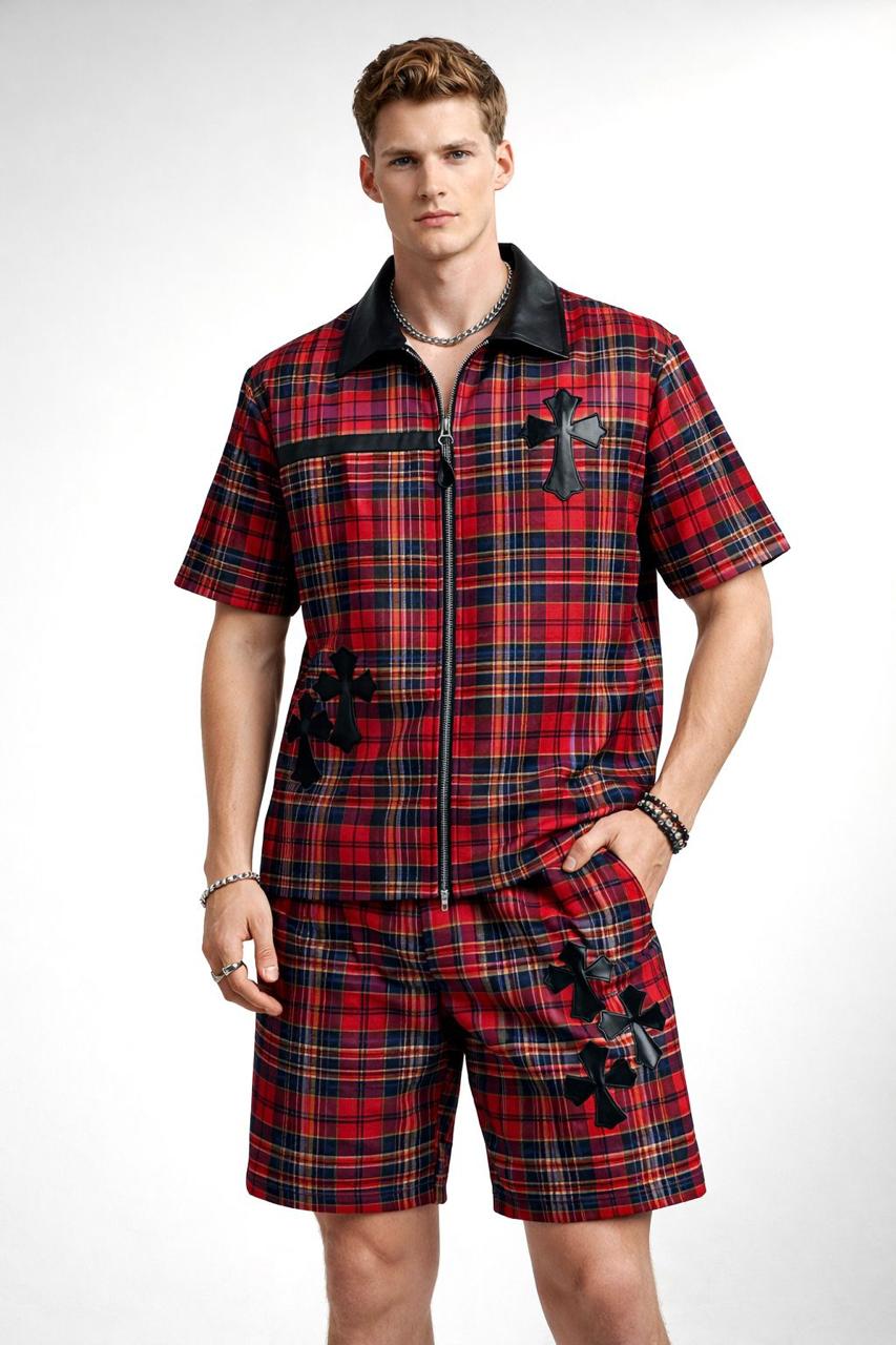Luxury Plaid Patchwork Zipper Cord Set