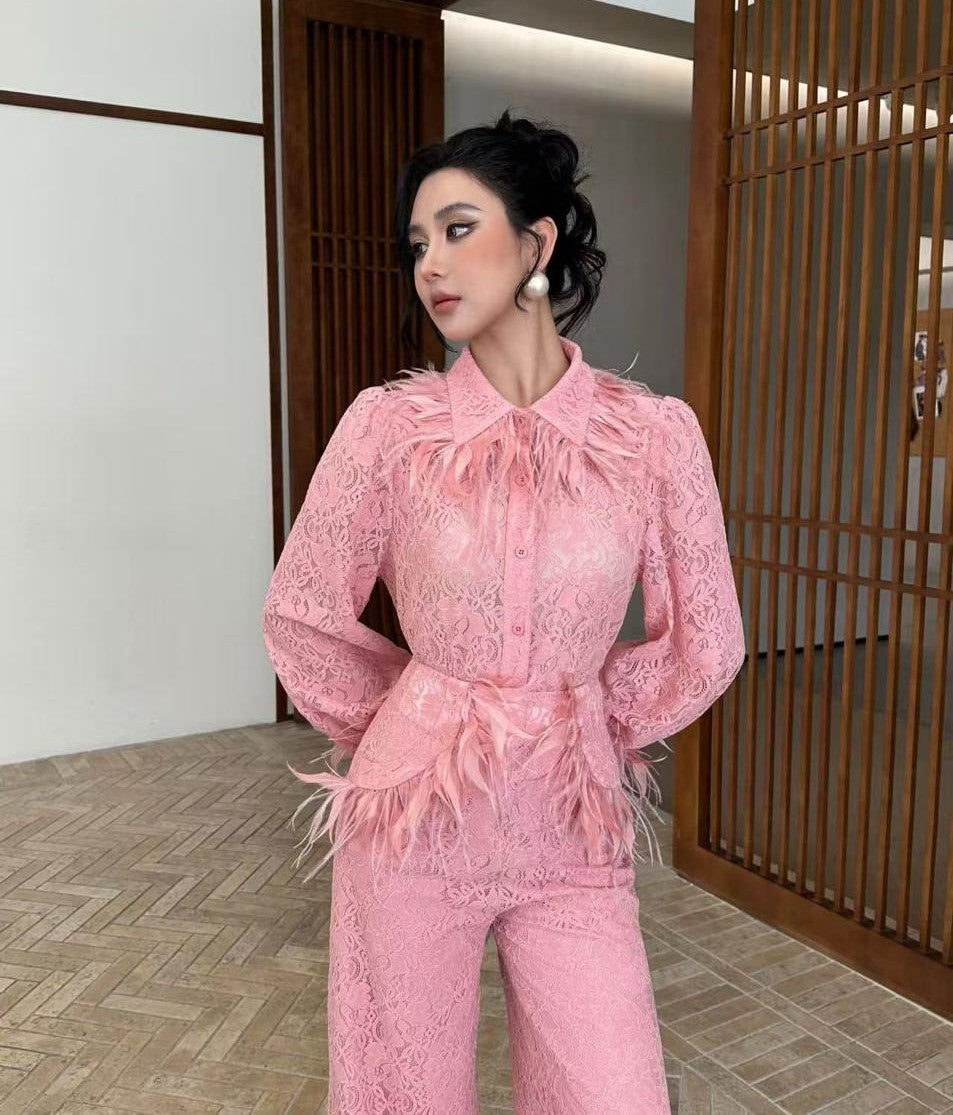 Feather Lace Co-Ord Set – Couture Elegance Edition