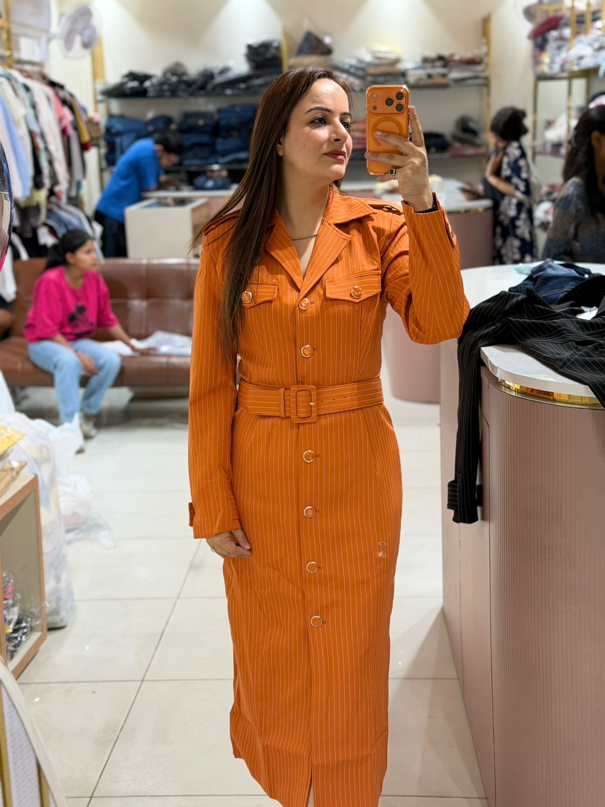 Premium Pinstripe Belted Midi Dress