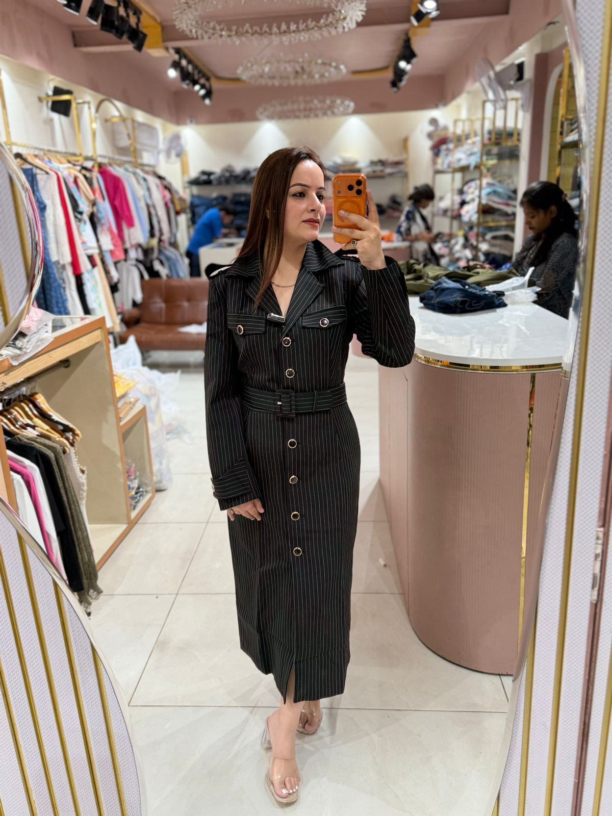 Premium Pinstripe Belted Midi Dress