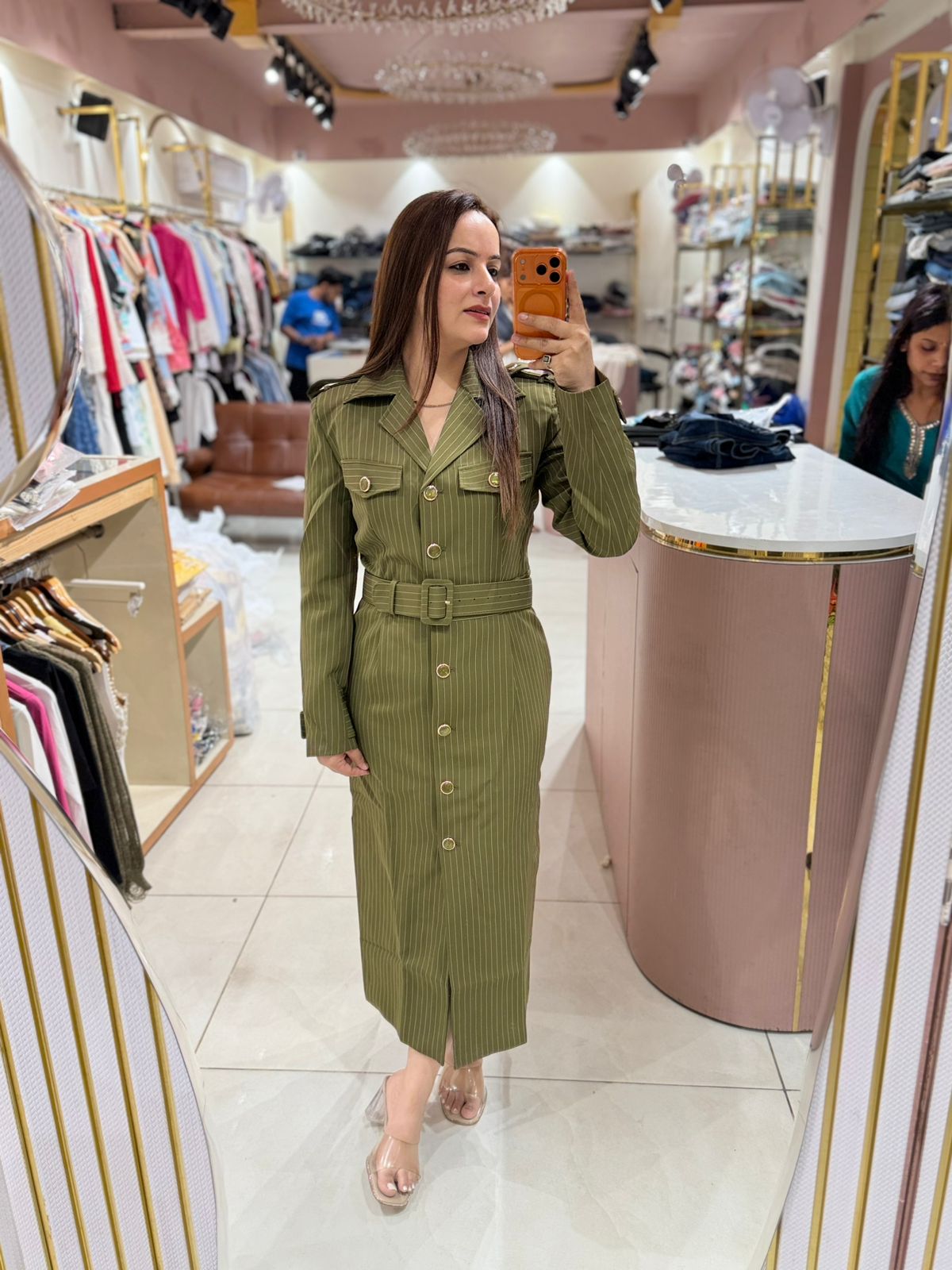 Premium Pinstripe Belted Midi Dress