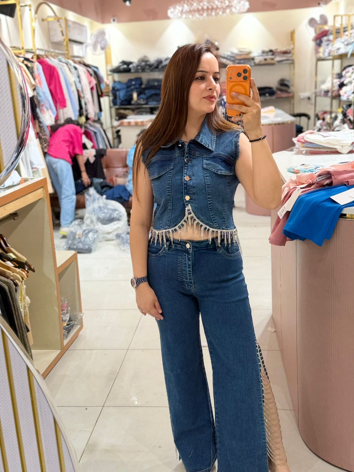 Luxe Crystal Fringe Denim Cord Set
