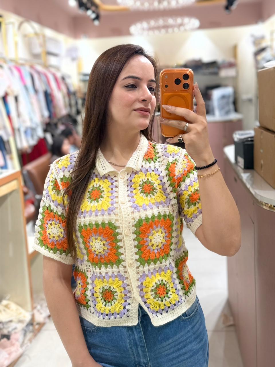 Boho Crochet Crop Shirt – Handcrafted Knit Edition