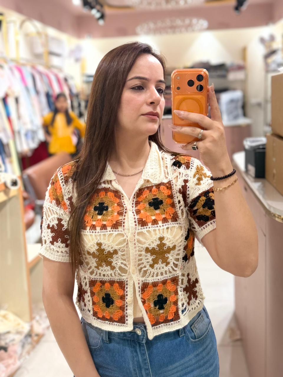 Boho Crochet Crop Shirt – Handcrafted Knit Edition