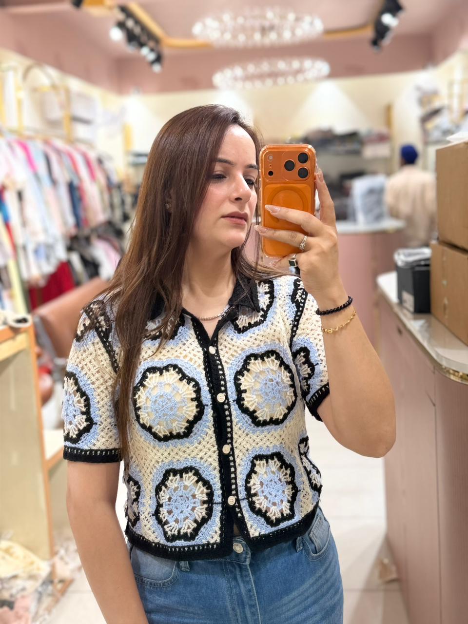 Boho Crochet Crop Shirt – Handcrafted Knit Edition