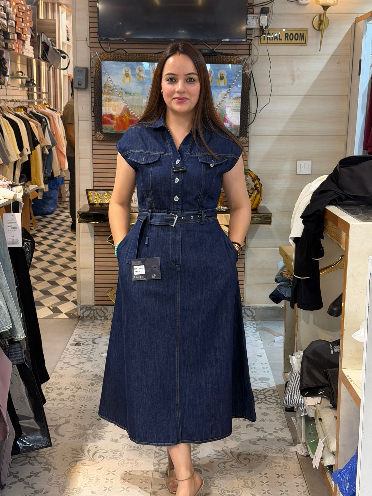 Luxury Belted Denim Midi Dress