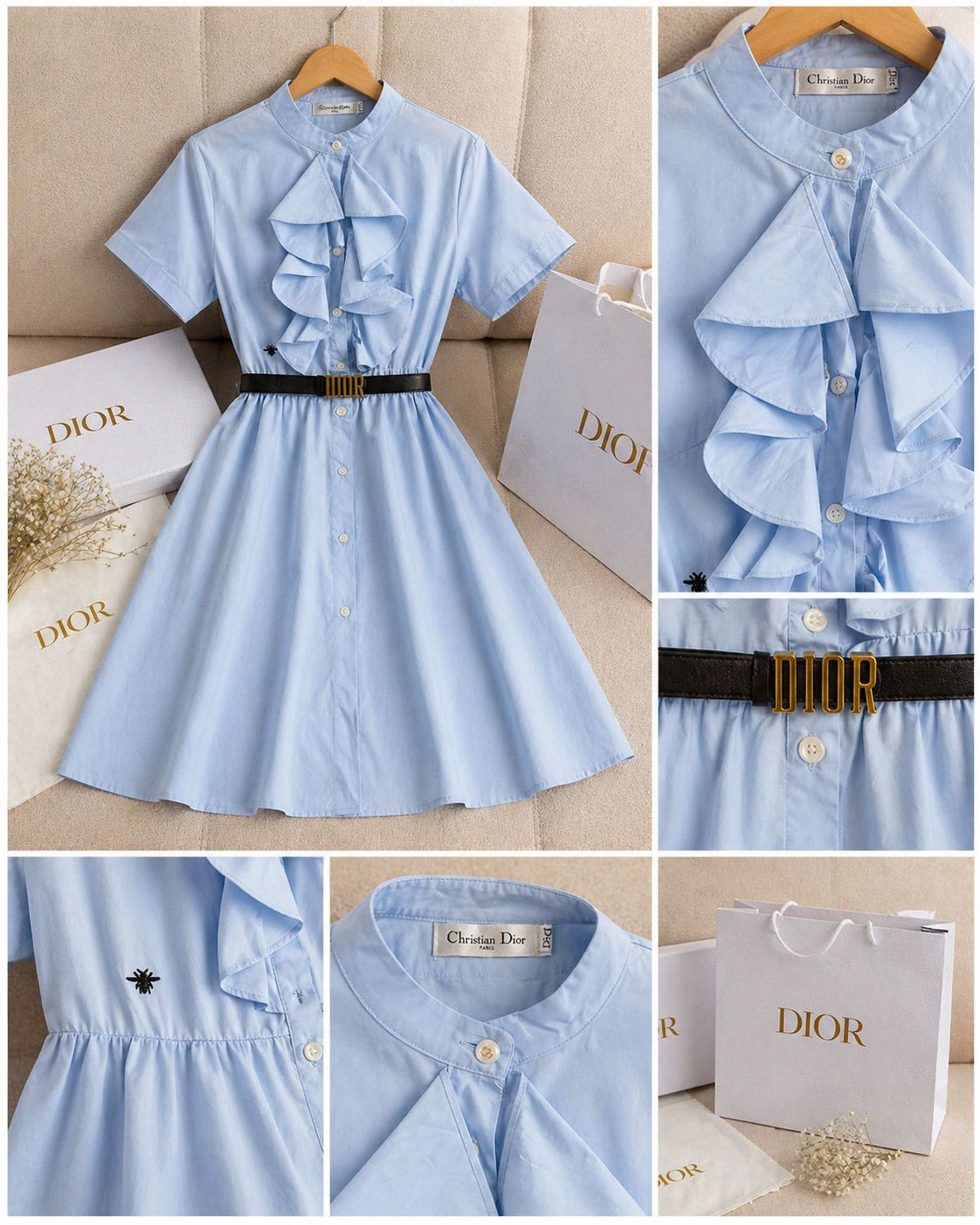 Elegant Ruffle Front Midi Dress with Belt