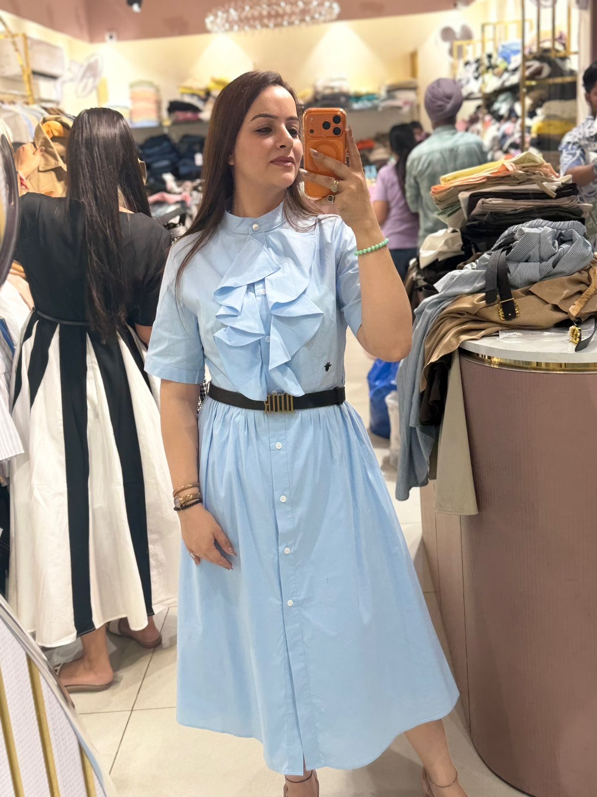 Elegant Ruffle Front Midi Dress with Belt