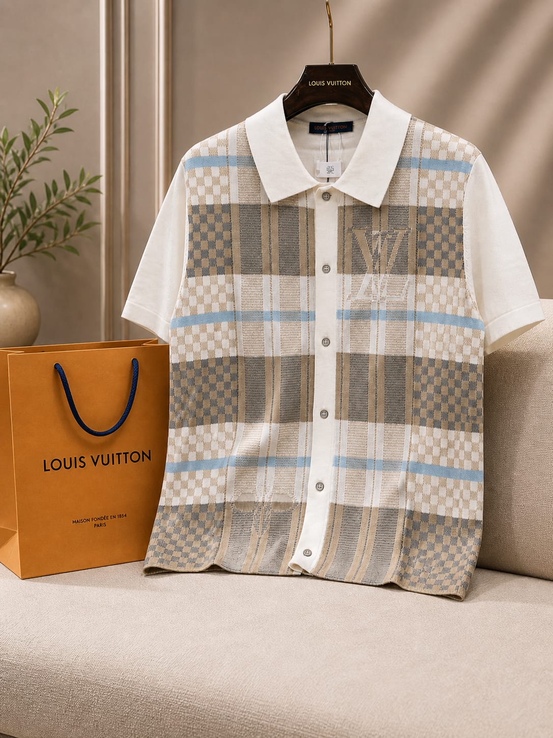 Ivory Check Luxe Knit Polo Shirt