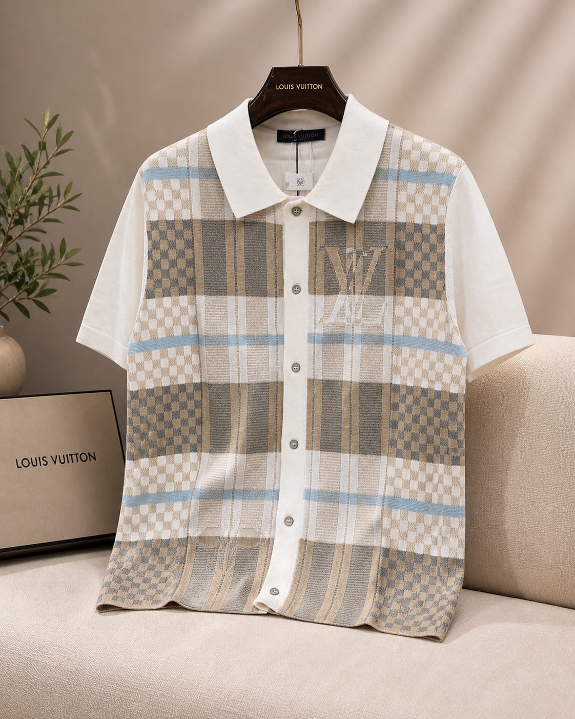 Ivory Check Luxe Knit Polo Shirt