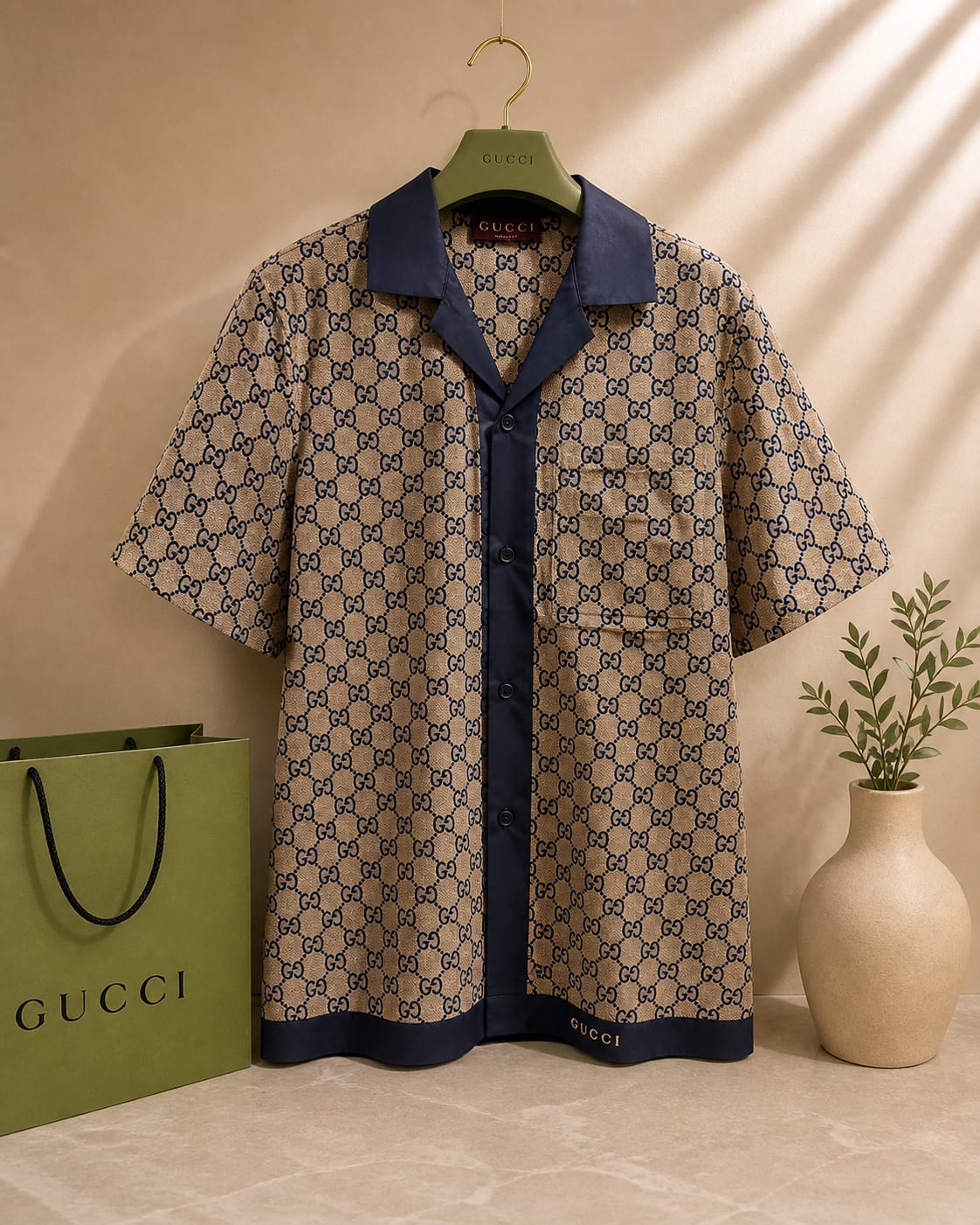 Signature Monogram Luxe Shirt – Beige Navy Edition