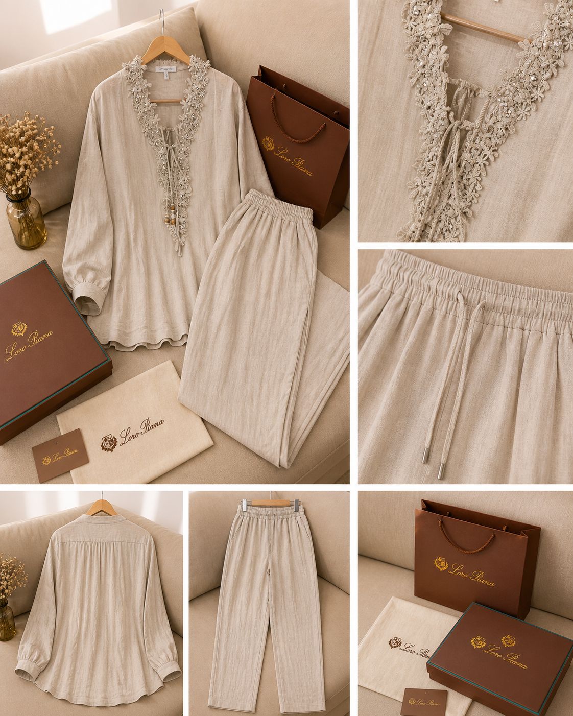 Ivory Luxe Embroidered Linen Cord Set