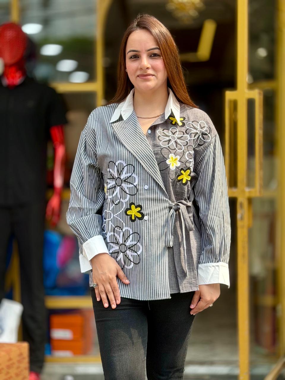 Floral Embroidered Cotton Wrap Shirt