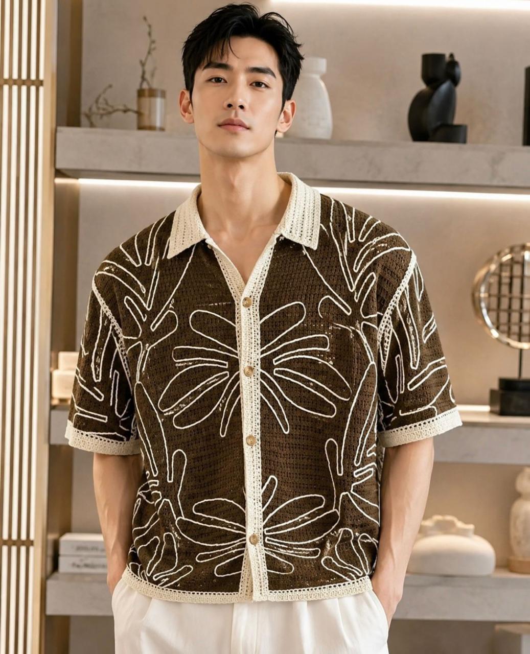 Tropical Leaf Crochet Knit Shirt (Men)