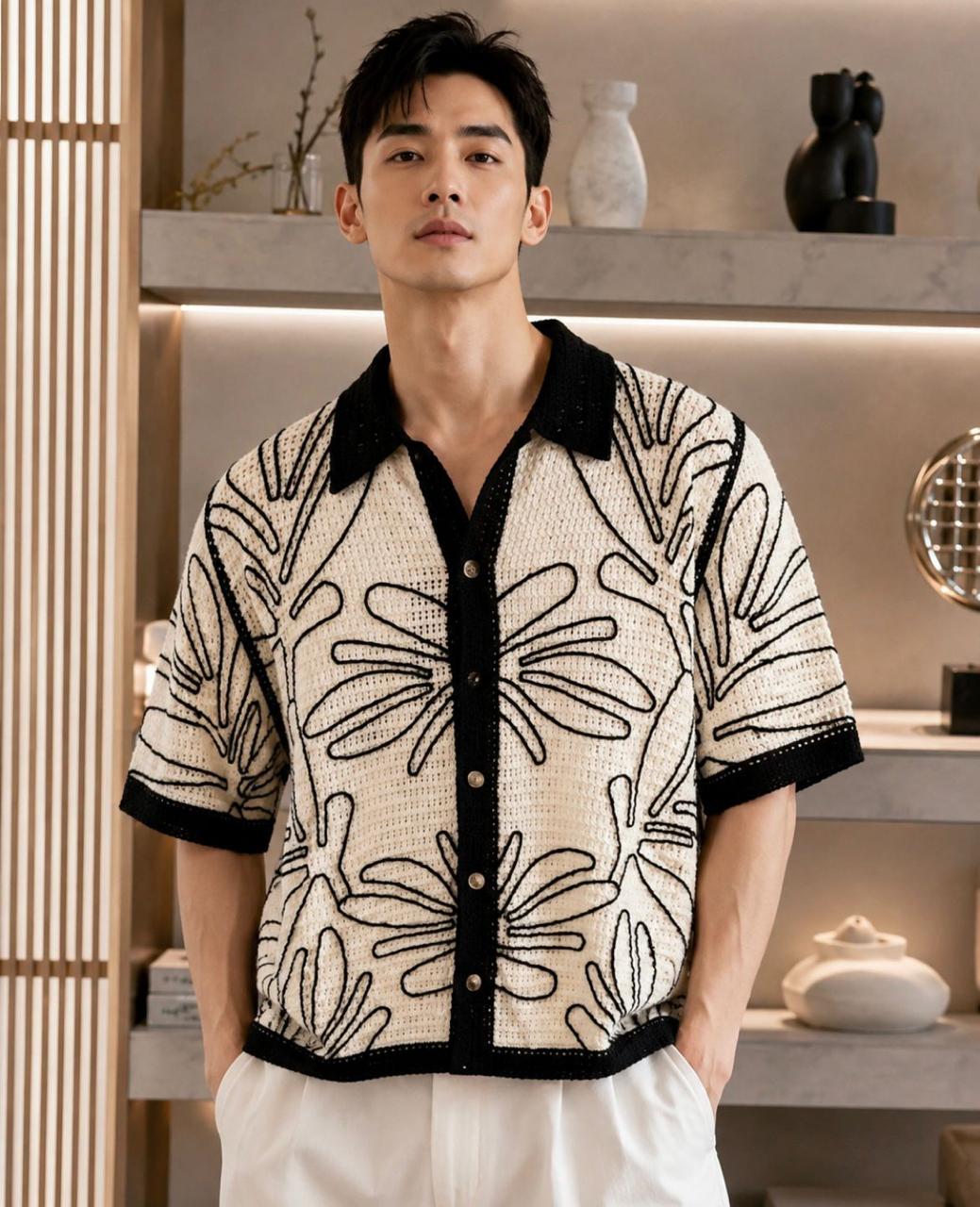 Tropical Leaf Crochet Knit Shirt (Men)
