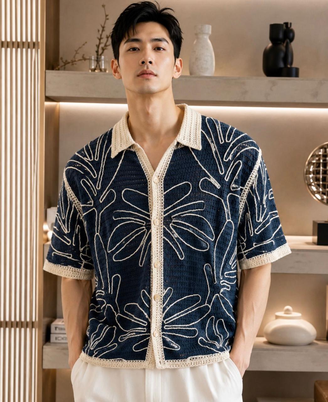 Tropical Leaf Crochet Knit Shirt (Men)