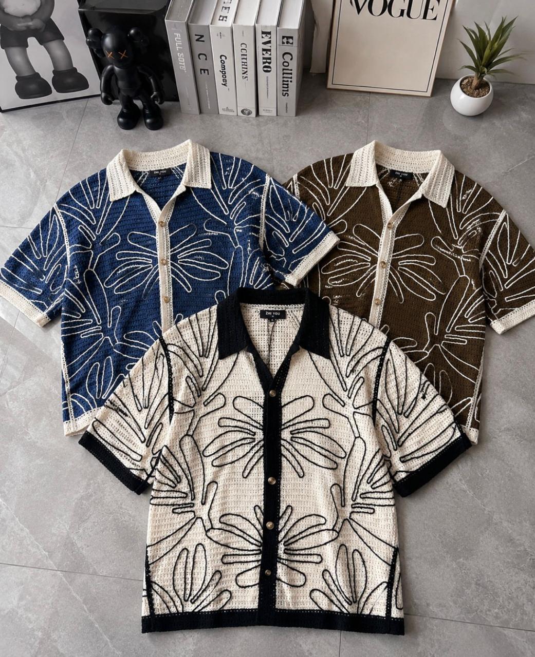 Tropical Leaf Crochet Knit Shirt (Men)