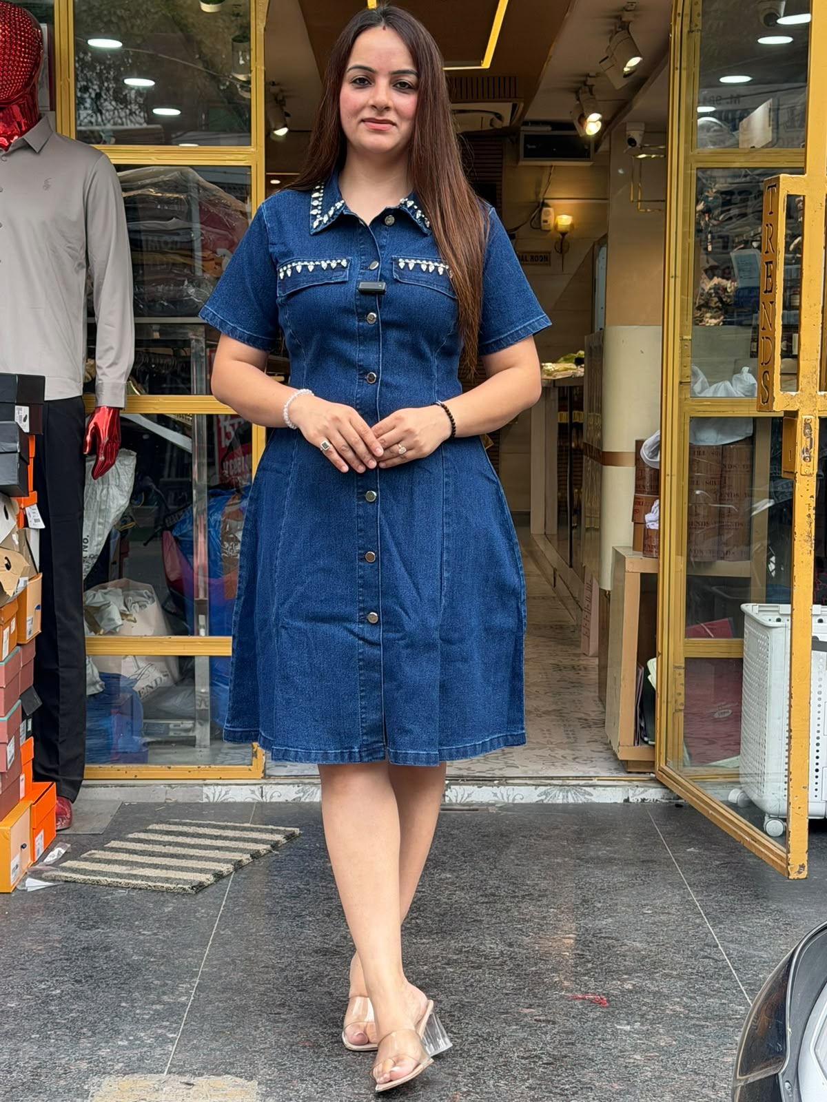 Embellished Collar Denim Shirt Dress (Women)