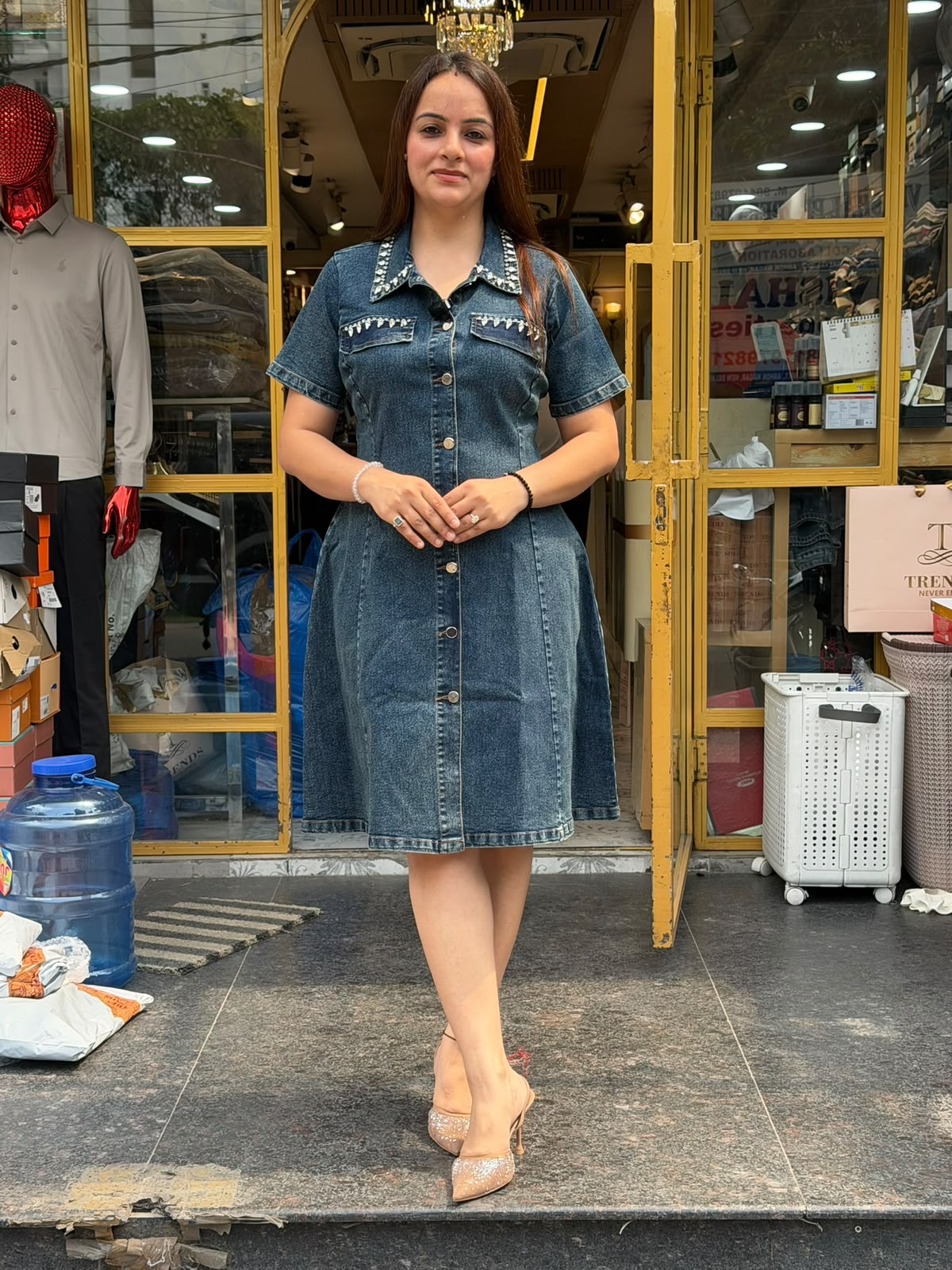 Embellished Collar Denim Shirt Dress (Women)