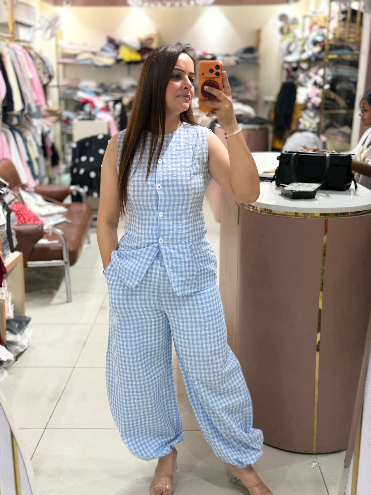 Gingham Cotton Cord Set with Harem Pants (Women)