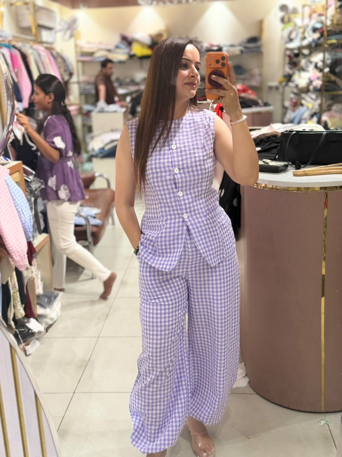 Gingham Cotton Cord Set with Harem Pants (Women)