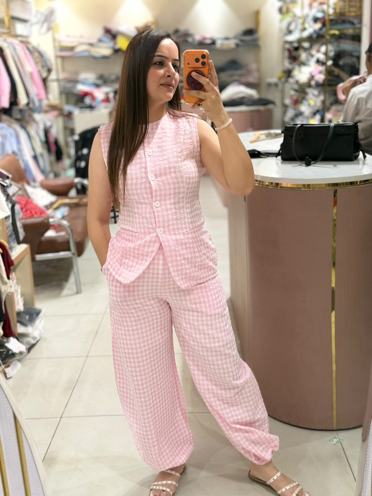 Gingham Cotton Cord Set with Harem Pants (Women)