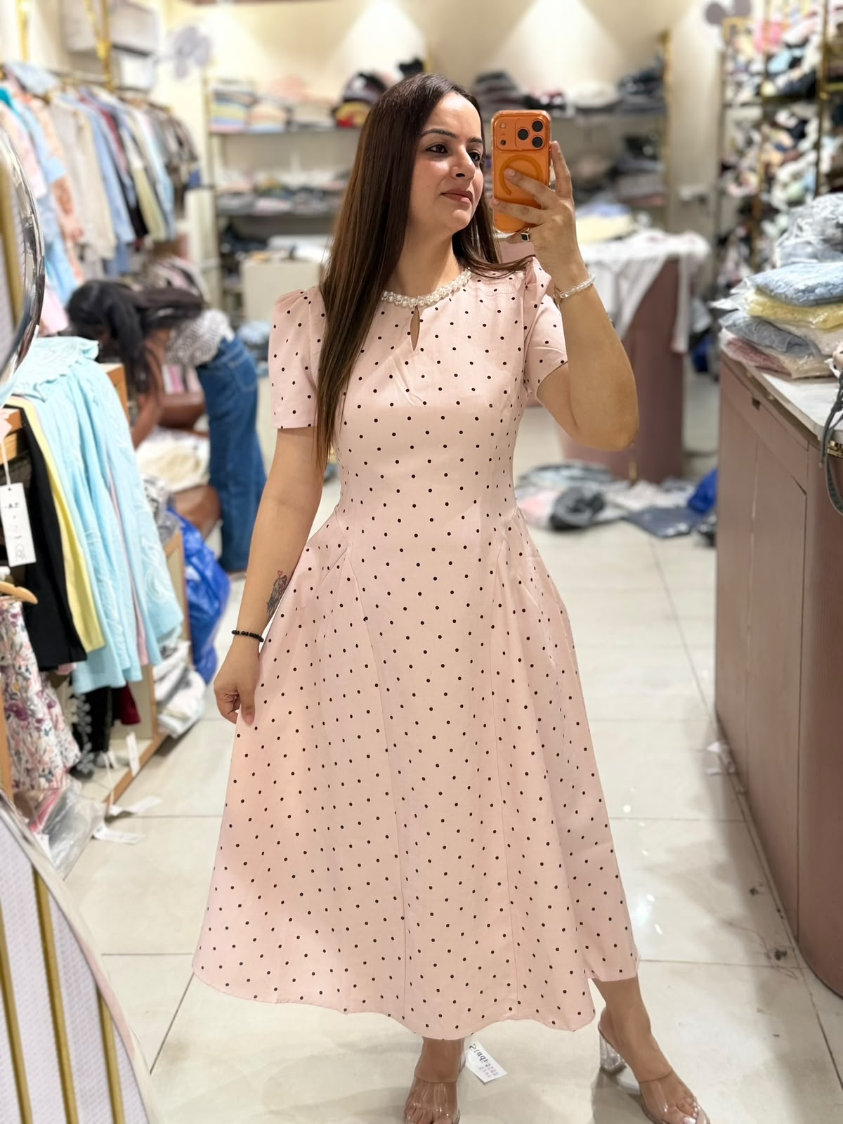 Pearl Neck Polka Midi Dress (Women)