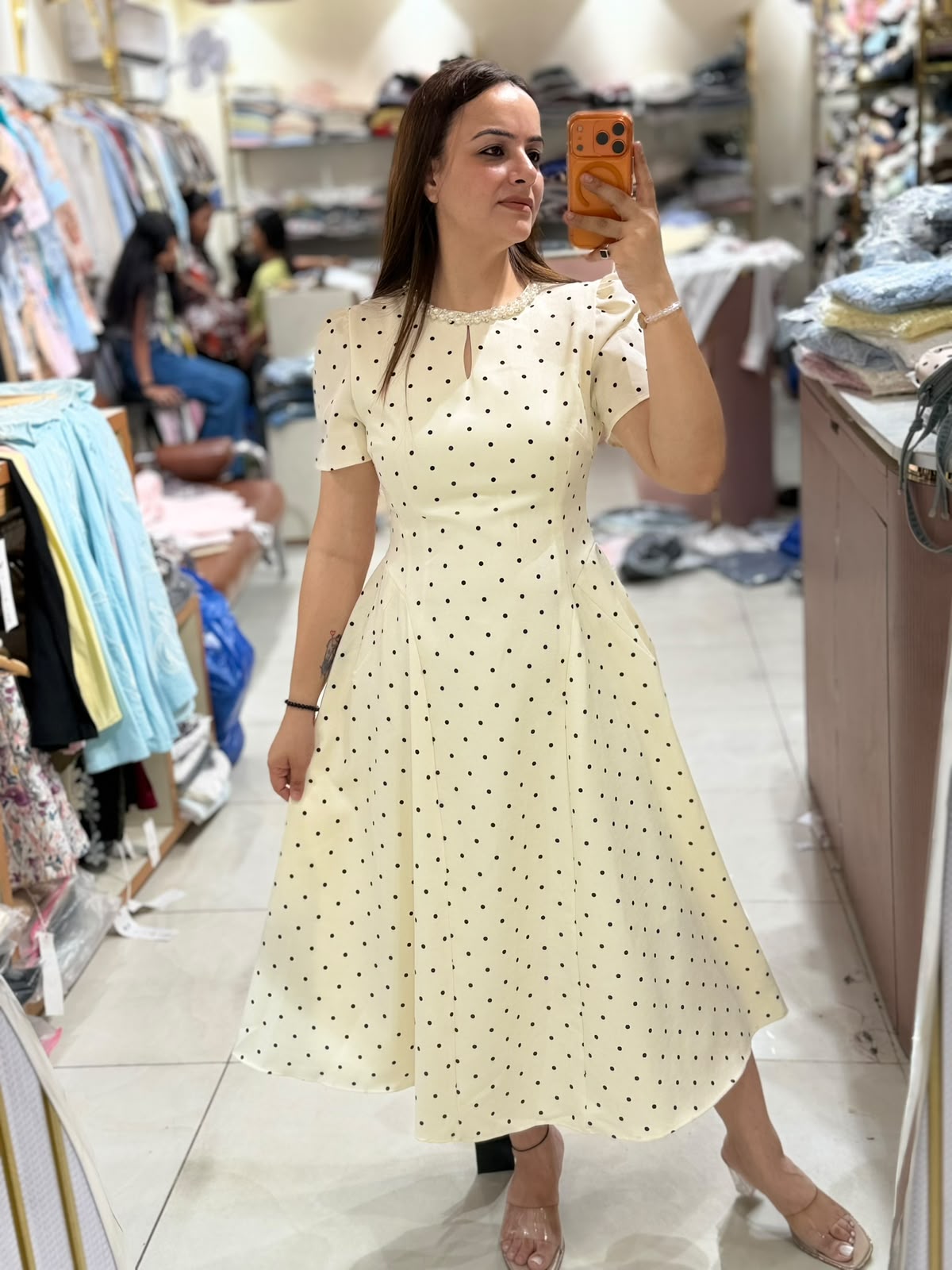 Pearl Neck Polka Midi Dress (Women)