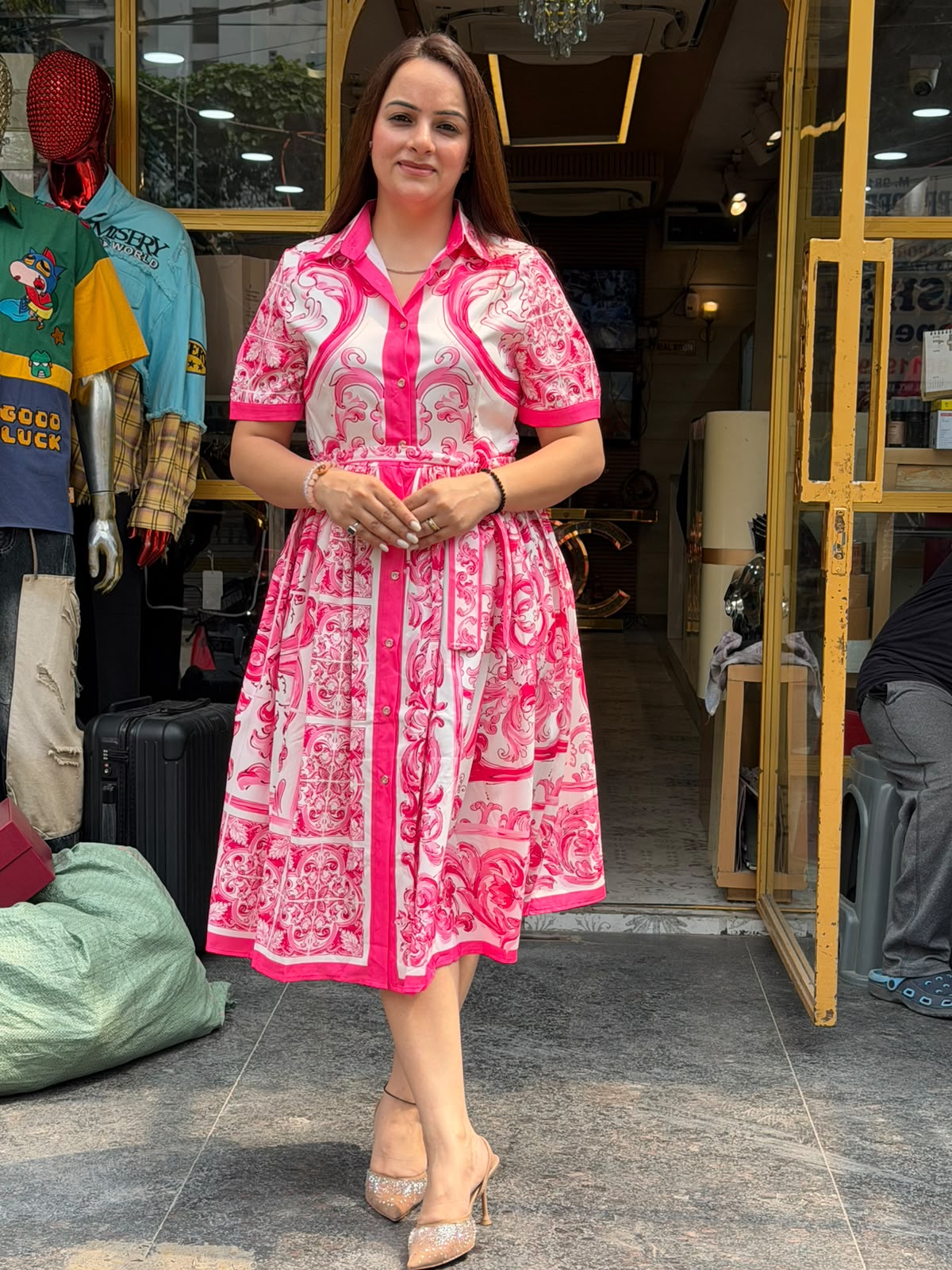 Luxe Printed Belted Midi Dress