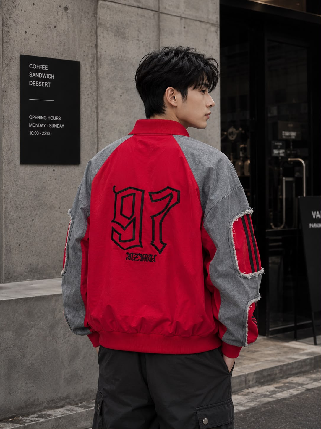 Men’s Vintage Oversized Patchwork Varsity Bomber Jacket – Distressed Denim Sleeves & Graphic Print