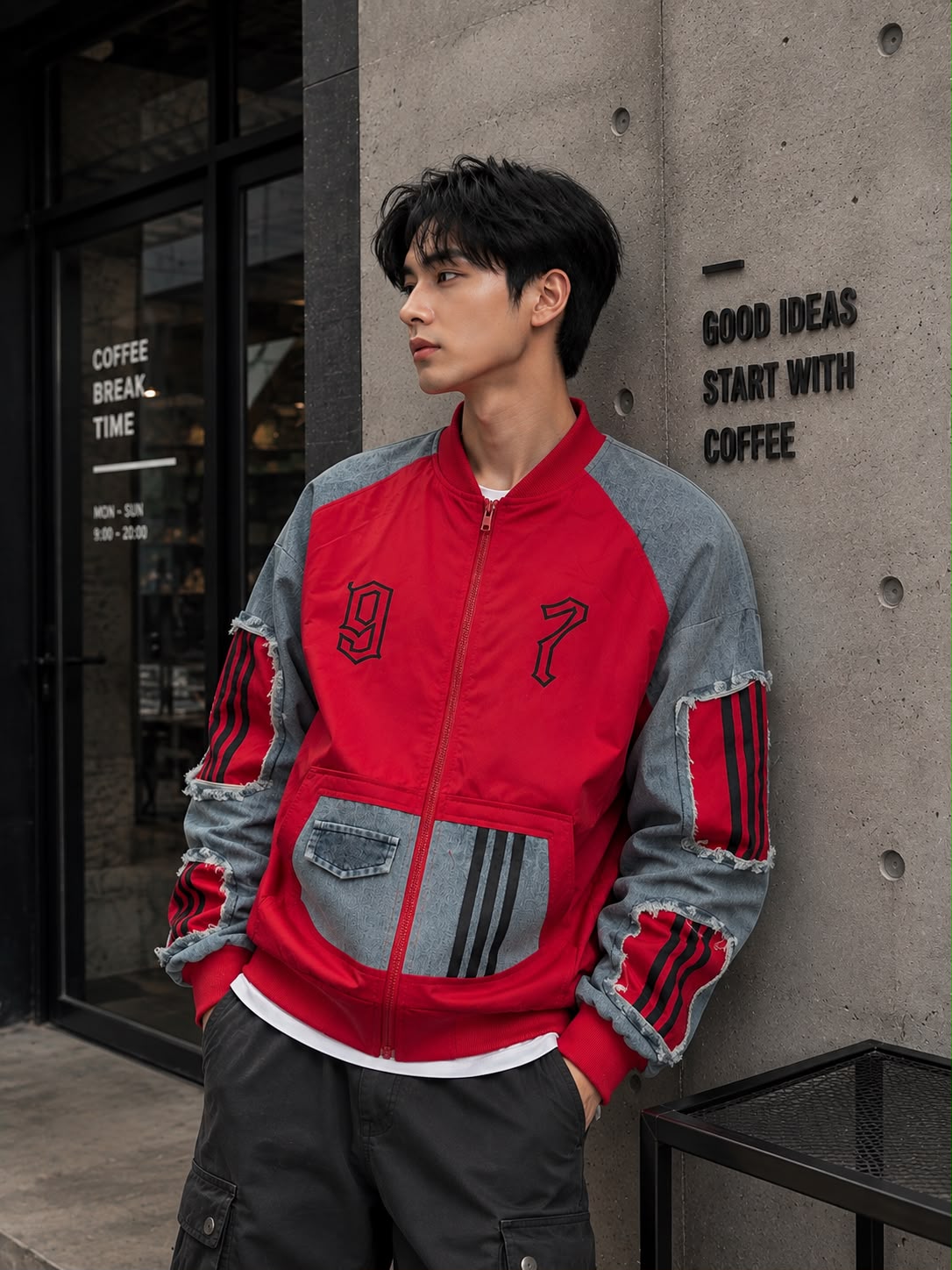 Men’s Vintage Oversized Patchwork Varsity Bomber Jacket – Distressed Denim Sleeves & Graphic Print