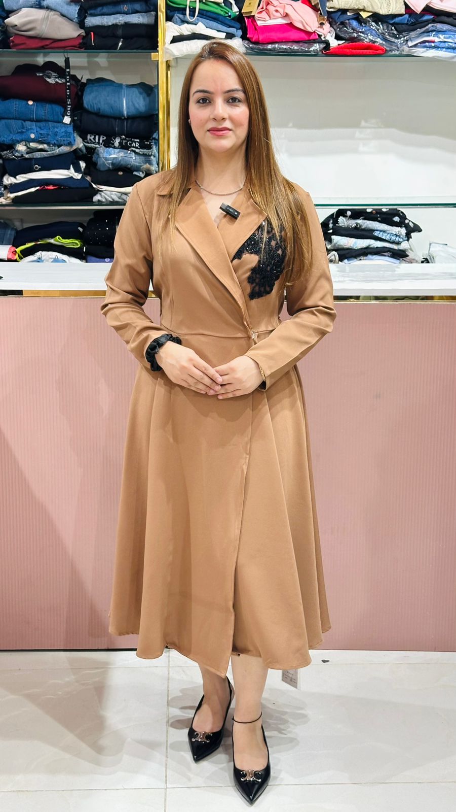 Caramel Wool Greatcoat with Delicate Hand Appliqué Black Lace