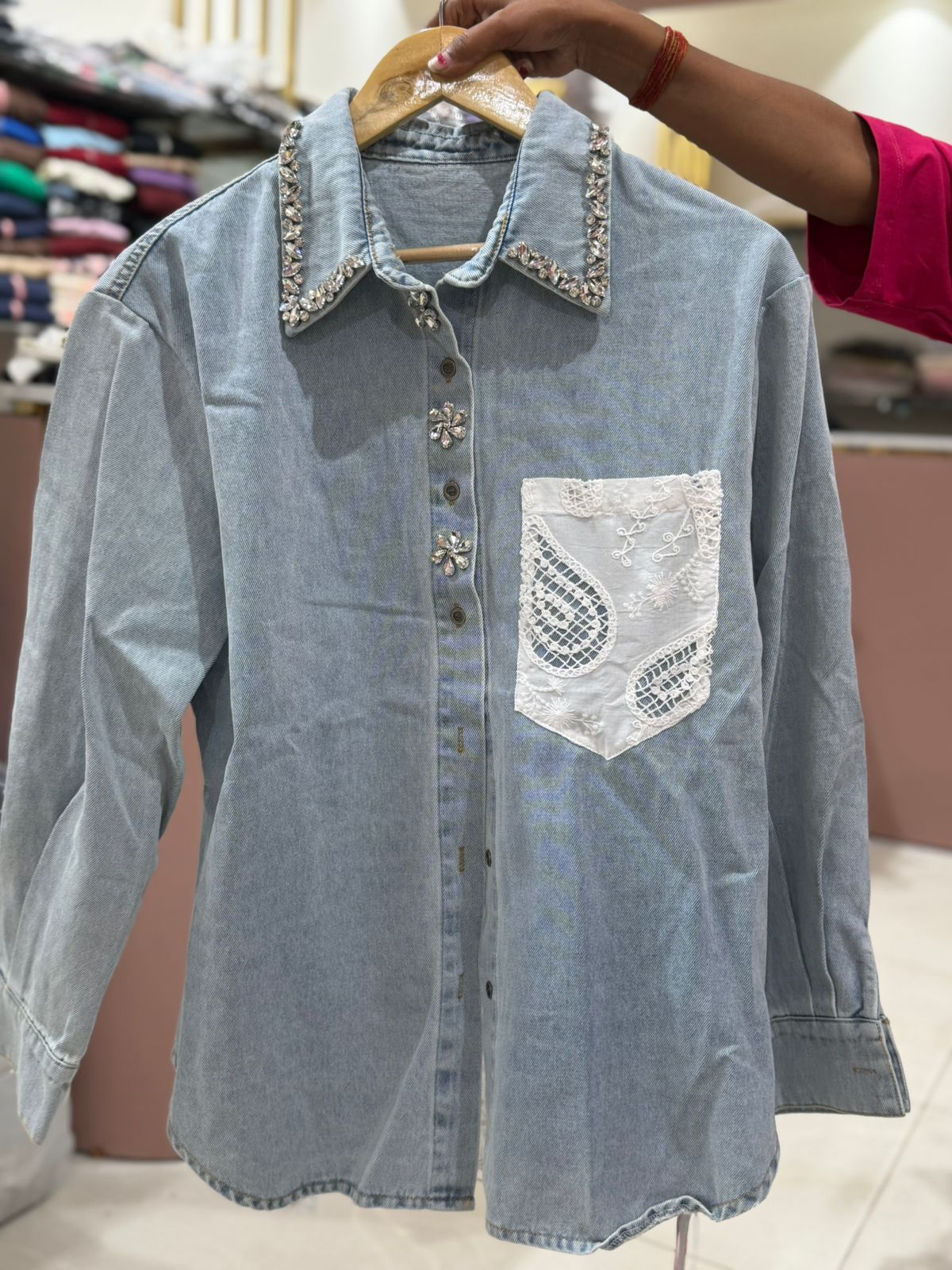 Crystal Edge Luxe Denim Shirt