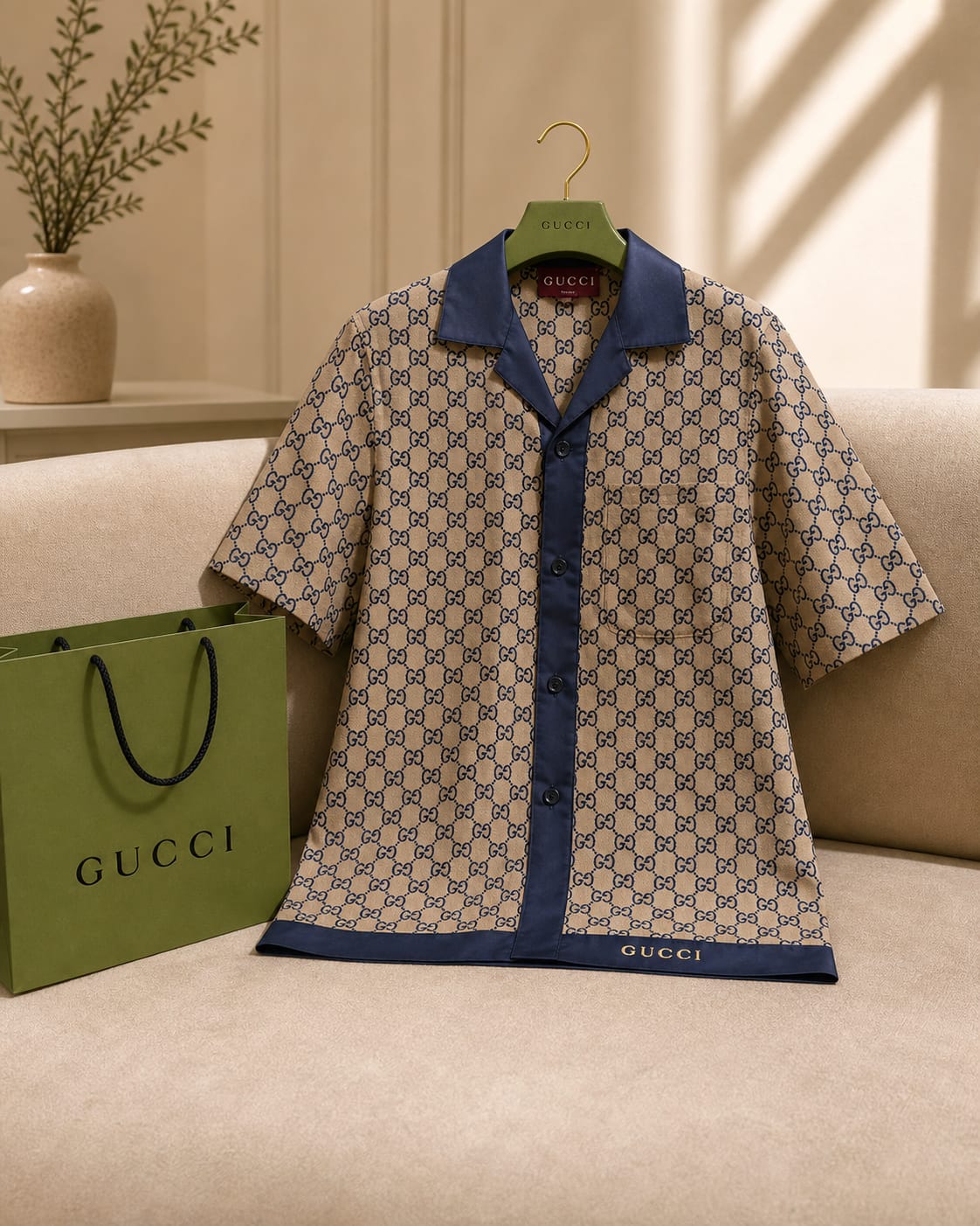 Signature Monogram Luxe Shirt – Beige Navy Edition
