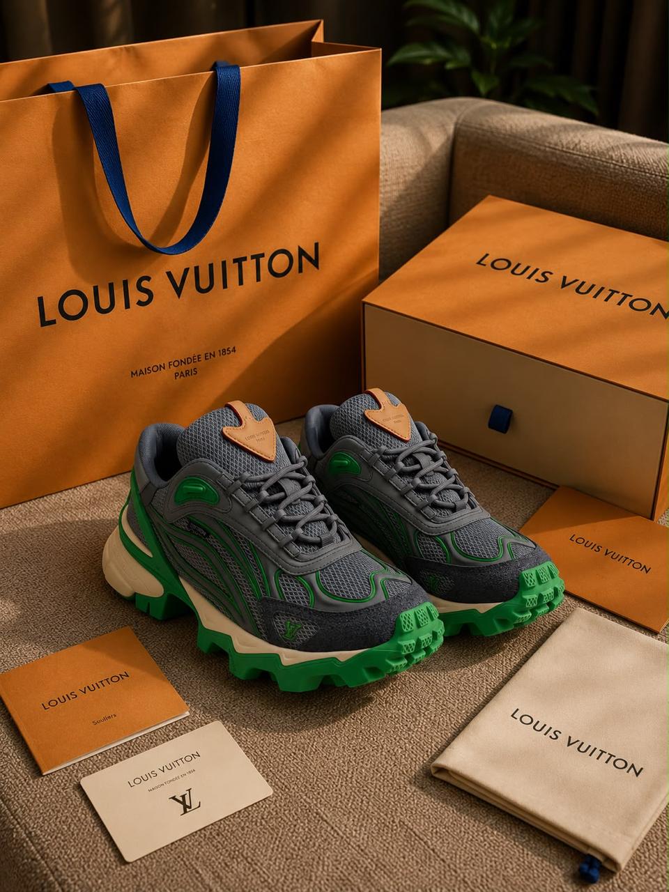 Premium Grey & Green Chunky Trail Sneakers